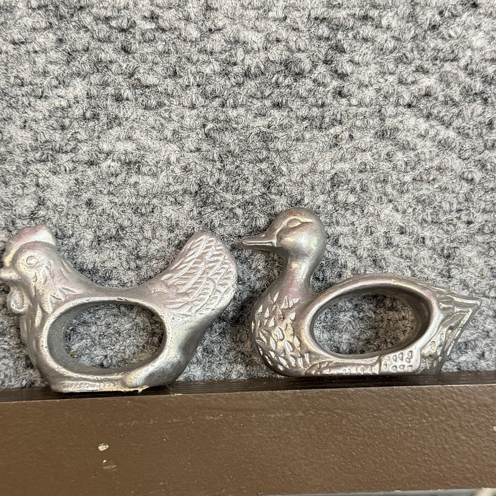 Vintage‎ Pewter Metal Napkin Rings Set Of 2 Duck And Rooster